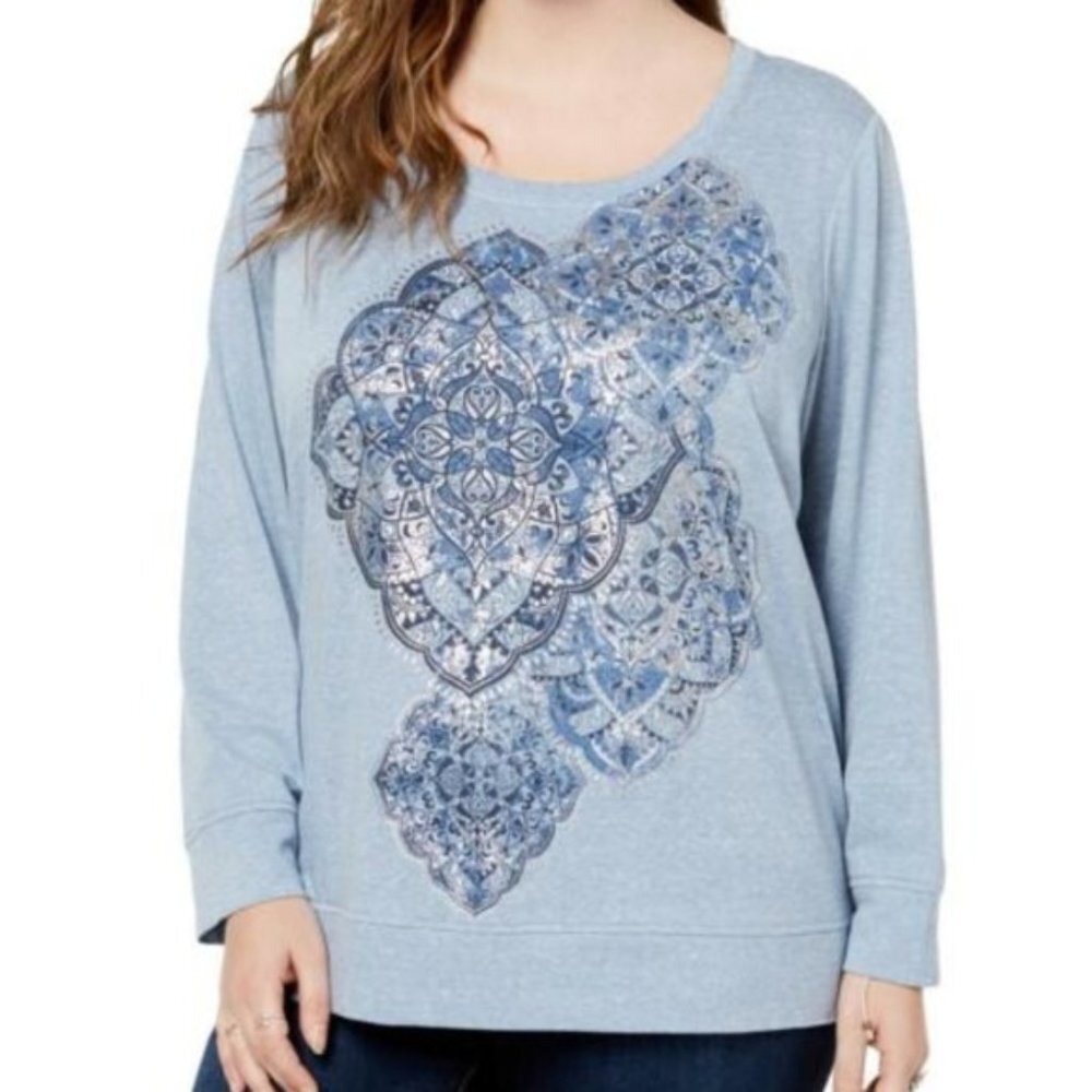 Style & Co Printed Sweatshirt Blue Medallion Trio